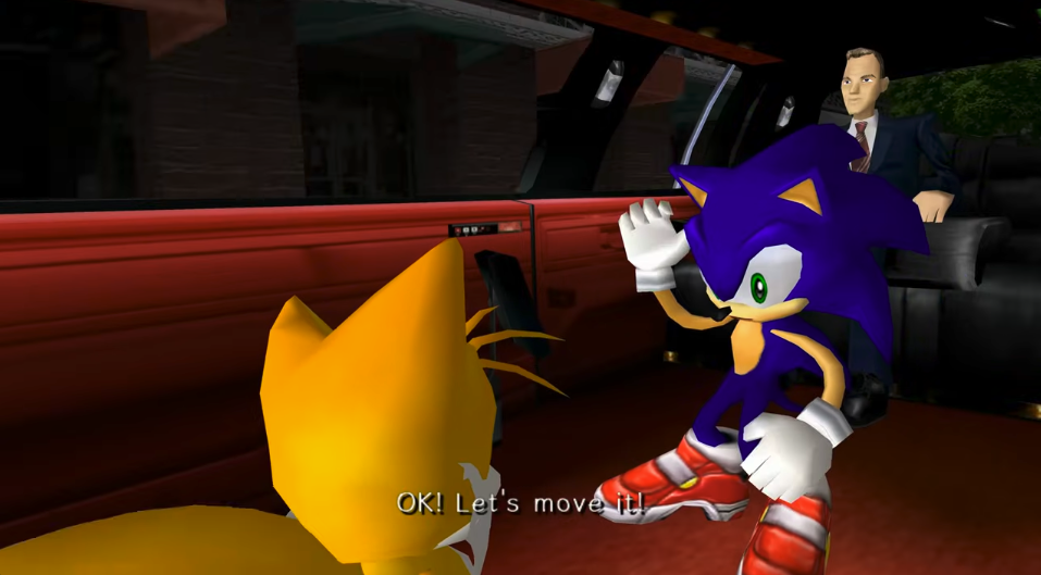 A screenshot of one of Sonic Adventure 2's cutscenes. In this scene, Sonic and Tails - currently fugitives on the run from the U.S. military - have broken into the President's limo to hack his computer. In a later game, it is revealed that the President keeps a picture of Sonic on his desk, in much the same way one would keep the photo of a spouse or family member.